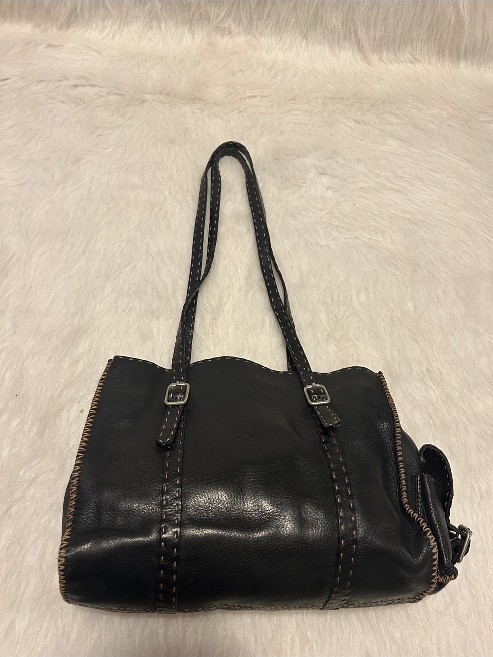 Fendi Selleria Black Leather Shoulder Bag with Tan Stitching